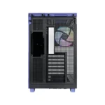 Rear view of a black computer tower case, showing ventilation, pcie slot covers, and a colorful exhaust fan behind a mesh grille.