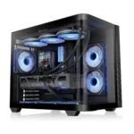 Black mid-tower gaming pc with a glass side panel, blue led fans, and a visible graphics card inside