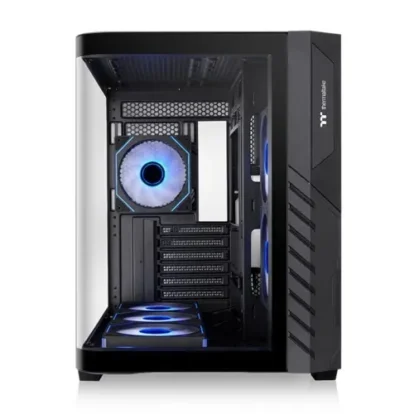 Mid-tower PC case with side panel off, blue LED fans, and visible motherboard and drive bays inside.