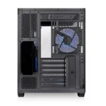 Rear view of a black pc tower showing a large cooling fan, ventilation grilles, and expansion slots vs. Motherboard area.
