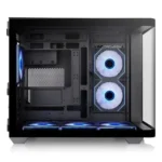 Mid-tower computer case with a transparent side panel, showing blue-led cooling fans and internal components.