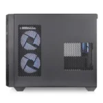 Black mid-tower pc case with two large cooling fans visible through a perforated left panel and a small perforated window revealing internal components