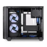 Interior view of a black mid-tower pc case showing two blue-lit intake fans on the left, neatly routed cables, and drive/psu area toward the bottom-right.