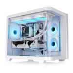 White mid-tower gaming pc with a transparent side panel, glowing blue rgb fans, and a liquid-cooled setup featuring a geforce rtx graphics card visible inside.