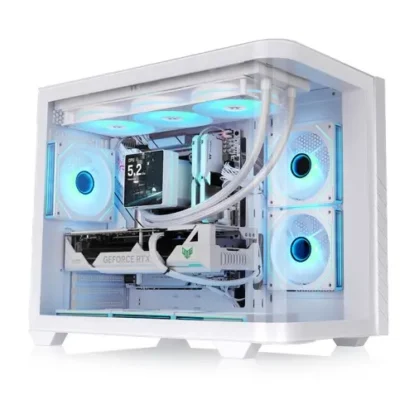White mid-tower gaming PC with a transparent side panel, glowing blue RGB fans, and a liquid-cooled setup featuring a GeForce RTX graphics card visible inside.