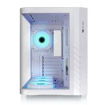 White mid-tower pc case with a transparent side panel, blue led cooling fans visible inside, showing space for motherboard and components.