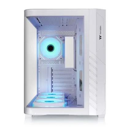 White mid-tower PC case with a transparent side panel, blue LED cooling fans visible inside, showing space for motherboard and components.