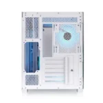 White pc case with blue lighting and vented panels, shown from the side/rear with drive bays visible.