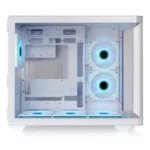 White mid-tower pc case with side panel removed, showing multiple blue-led cooling fans (three at the bottom/front and two on the right side).
