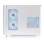 White computer case with two blue-lit fans visible behind perforated side panels on a clean, minimalist build