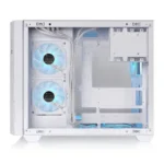 White computer tower with side panel removed, exposing two blue-lit cooling fans and neatly arranged cables inside.