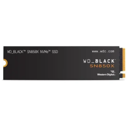 Wd_black sn850x nvme ssd module (m. 2) with a black label and gold edge connector on the right, showing western digital branding.