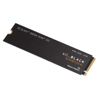 WD Black SN850X NVMe SSD photographed at an angle, showing label and gold edge connector