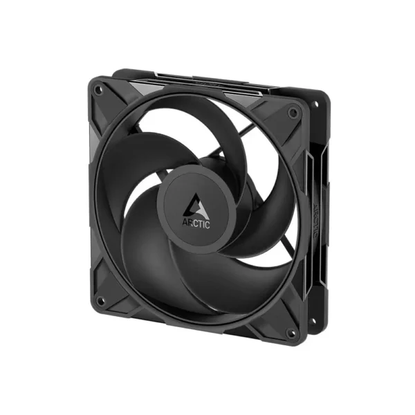 Black 120mm pc case fan with arctic logo on the hub and six-blade design, ready for mounting