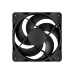Black square pc cooling fan with protective cross bars and four mounting holes (case fan). ","black computer fan with curved blades housed in a square frame, used for cooling the pc. ","pc cooling fan showing black blades and frame, typical for case airflow. " ,"square, black cooling fan for a computer, featuring blade guards across the center. "