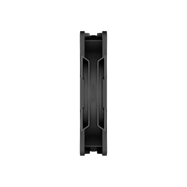 Side view of a black arctic computer cooling component with angular fins and branding visible on the side frame