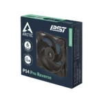 Boxed arctic p14 pro reverse 140mm pc cooling fan, dark blue packaging with a large fan image on the front