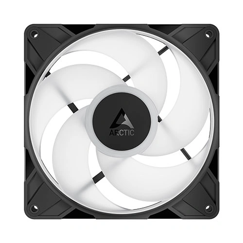 Arctic p14 pro reverse argb 140mm cabinet fan black Arctic 120mm pc case fan with four white blades and a black square frame.