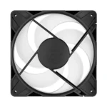 Square pc cooling fan with white blades inside a black frame and mounting holes at corners.