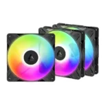 Three arctic rgb computer case fans with colorful circular led rings overlapped in a row, showcasing rainbow lighting on a white background, product image for a pc build.