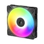 Argb pc cooling fan with a black square frame and a colorful circular rgb light, arctic branding in the center, used for case cooling.