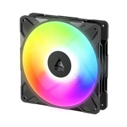 ARGB PC cooling fan with a black square frame and a colorful circular RGB light, Arctic branding in the center, used for case cooling.