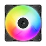 Argb computer case fan with rainbow led ring and arctic logo in the center, front view (120mm).