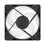 Square 120mm pc cooling fan with white blades and a black frame, front view.