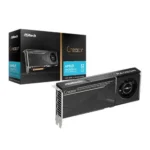 Asrock creator radeon graphics card with cooling shroud, shown beside its black creator box reading amd radeon 32 gb.