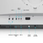 Rear panel with labeled ports: hdmi 2. 0, headphone jack, usb-a, usb-c (15w), usb-c (90w); power input, power button, and a 5-way controller.