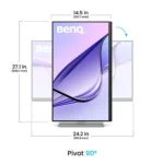 Benq monitor on a stand with exploded side views showing dimensions: 24. 2 in wide, 27. 1 in tall, 14. 5 in deep, pivoting to 90 degrees.