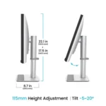 Monitor stand with height adjustment of 115 mm and tilt range −5° to +20°, shown from side and front views with a wide base.