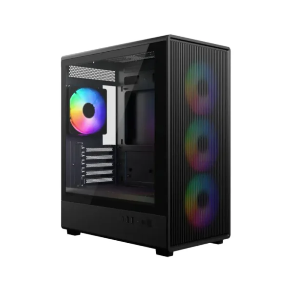 Black mid-tower gaming pc with a glass side panel showing rgb-lit fans and components.