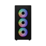 Black mid‑tower pc case with three rgb-lit front fans