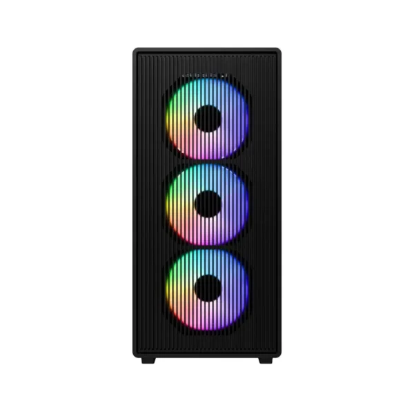 Black mid‑tower pc case with three rgb-lit front fans
