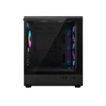Mid-tower computer case with a tempered glass side panel showing rgb-lit fans inside and front i/o ports at the bottom panel.
