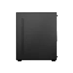 Black desktop computer tower shown from the side, featuring a vertical perforated ventilation slot on the panel and small feet at the base