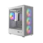 White mid-tower pc case with a side panel window and three rgb-lit front fans showing rainbow colors.
