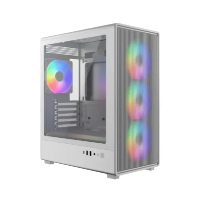 White mid-tower PC case with a side panel window and three RGB-lit front fans showing rainbow colors.