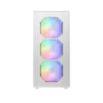 White desktop computer tower with three front rgb fans glowing in multicolor light