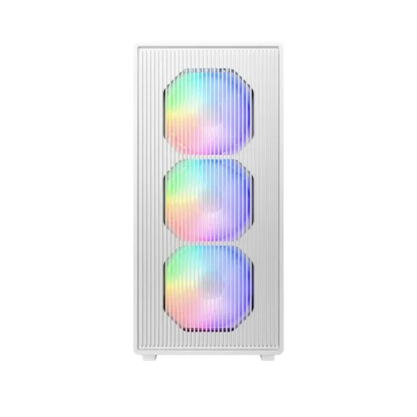 White desktop computer tower with three front rgb fans glowing in multicolor light