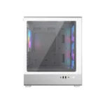 White mid-tower pc case with a tempered glass side panel and rgb-lit fans visible inside