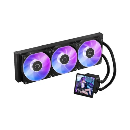Triple 120mm rgb liquid cpu cooler with a black radiator and three illuminated fans connected to a small lcd display showing anime art