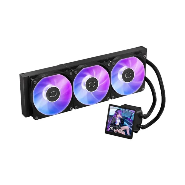 Triple 120mm rgb liquid cpu cooler with a black radiator and three illuminated fans connected to a small lcd display showing anime art