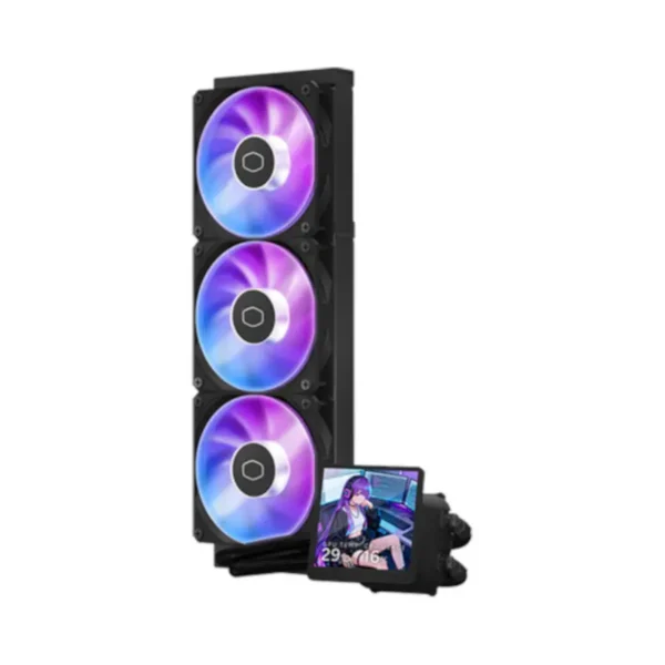 Mid-tower pc case with three illuminated rgb fans and a small display panel showing anime artwork.