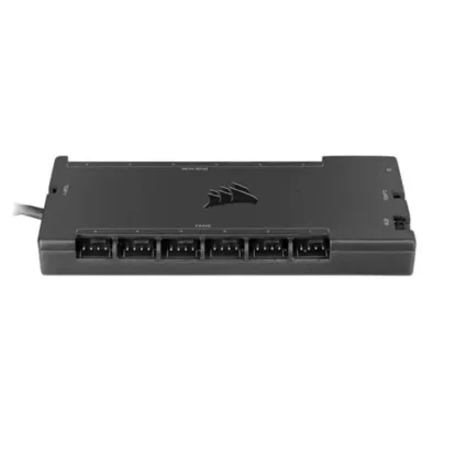 Corsair multi-port power distribution hub with six output connectors on the front and a cable plugged in on the left.