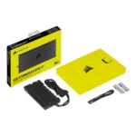 Corsair icue commander core xt kit with controller, cables, and yellow storage bag beside its black box package.