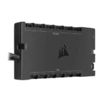 Black multi-port pc fan hub/controller with numerous fan connectors and a temperature input, featuring a corsair-style logo.