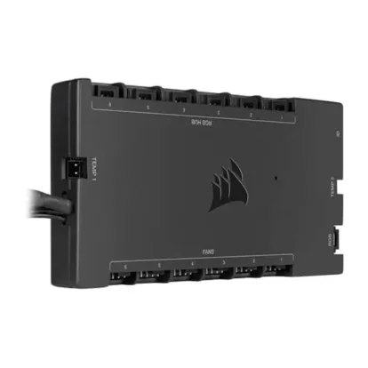 Black multi-port PC fan hub/controller with numerous fan connectors and a temperature input, featuring a Corsair-style logo.