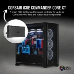 Corsair icue commander core xt rgb lighting and fan speed controller shown with a black pc case and liquid cooling loop